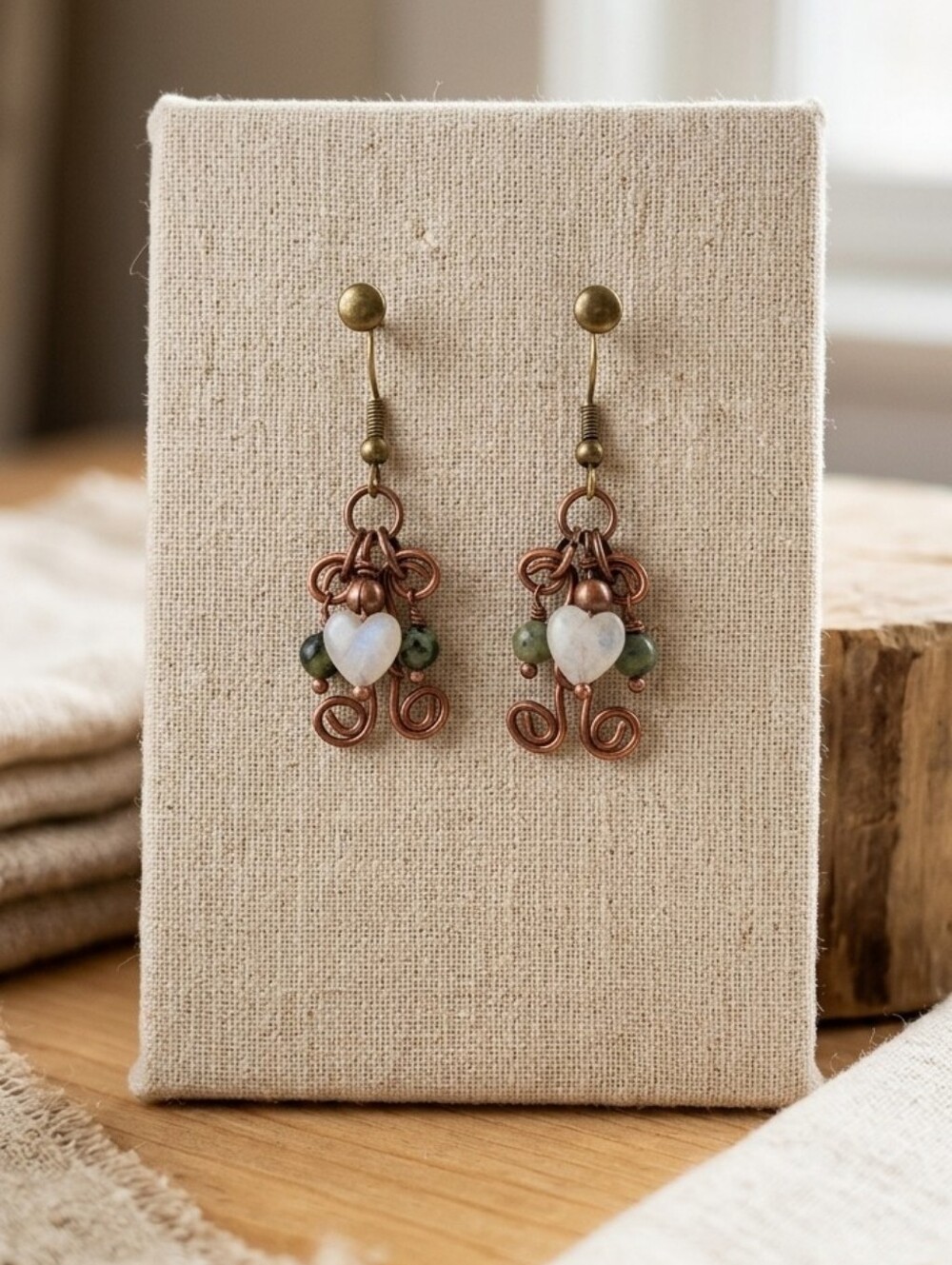 Hand Crafted By Me, Artisan Copper and Stone Heart Earrings